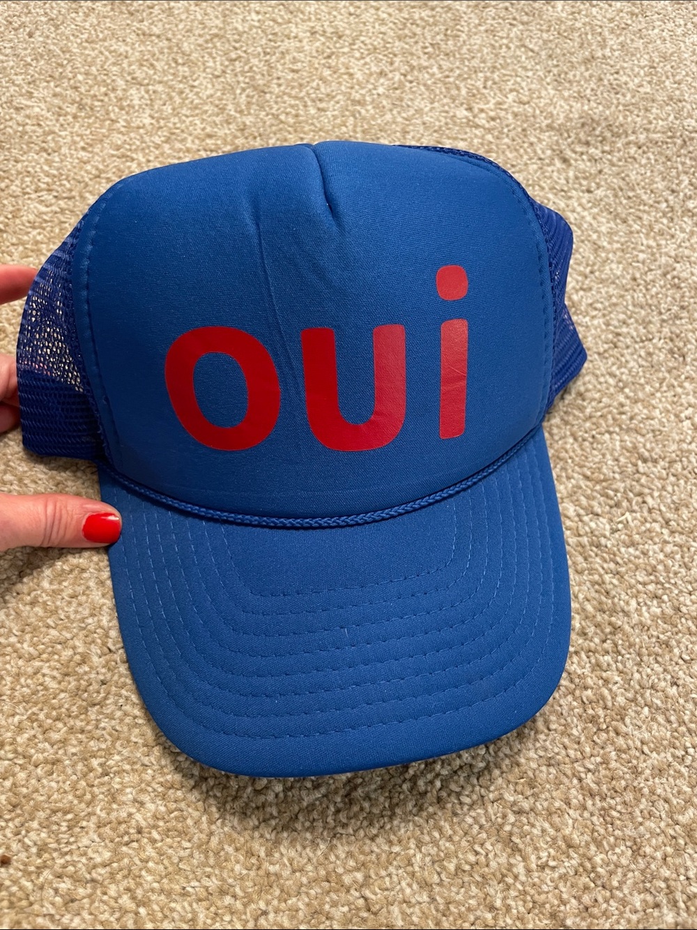 Oui Trucker Hat - Blue with Red Text
